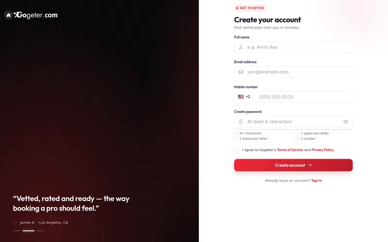 Step 1 screenshot: Create your free account in the GoGeter dashboard
