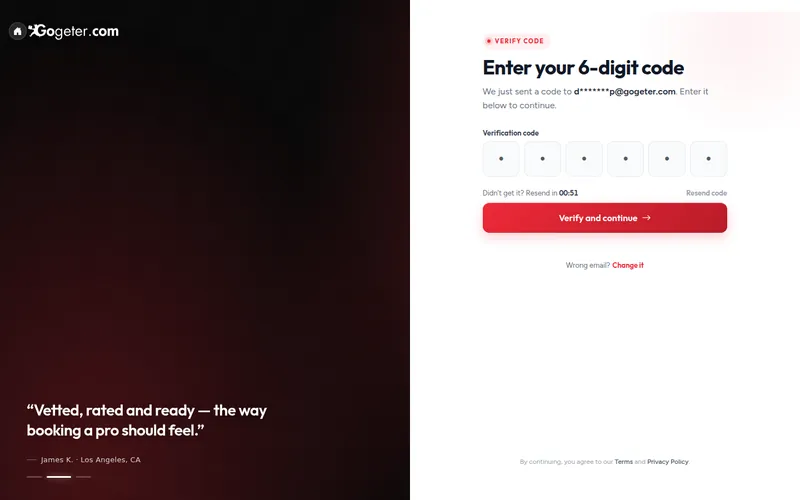 Step 2 screenshot: Confirm your 6-digit code in the GoGeter dashboard