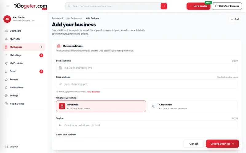 Step 4 screenshot: Add your business in the GoGeter dashboard