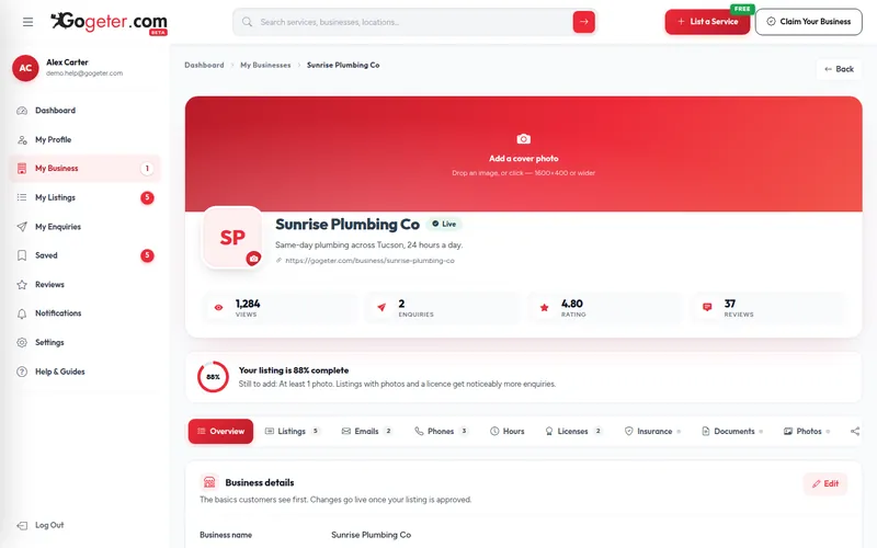 Step 5 screenshot: Complete your business profile in the GoGeter dashboard