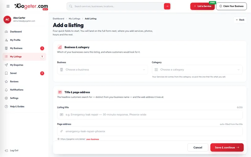 Step 6 screenshot: Create your first listing in the GoGeter dashboard