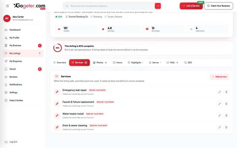 Step 7 screenshot: Add your services & prices in the GoGeter dashboard