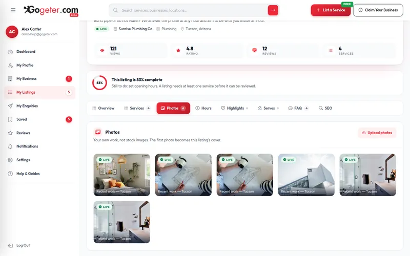 Step 8 screenshot: Add photos, hours & FAQs in the GoGeter dashboard