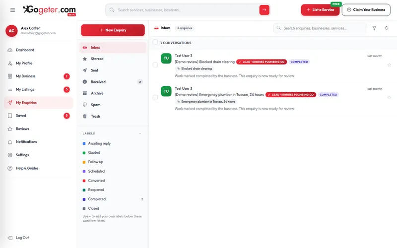 Step 11 screenshot: Reply to enquiries in the GoGeter dashboard